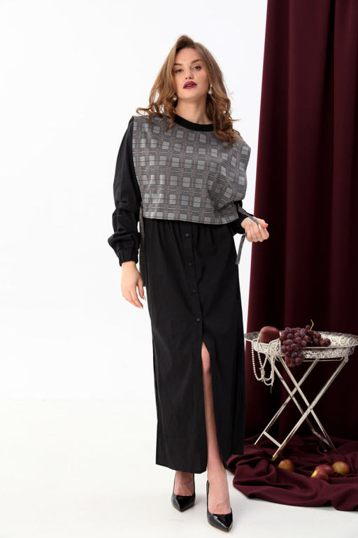 Платье NIKVA н942-1 чёрный+серая клетка