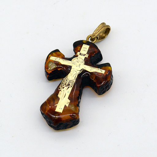 Кулон из янтаря крестик 25*38мм коньячный, гальваника цв.золото