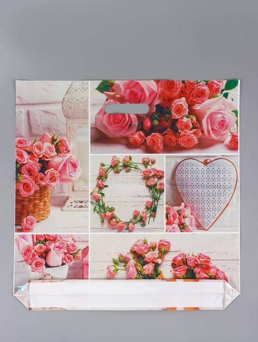 Цена за 50 шт. Пакет Романтичная роза, полиэтиленовый с вырубной ручкой, 45?45 + 3 см, 65 мкм