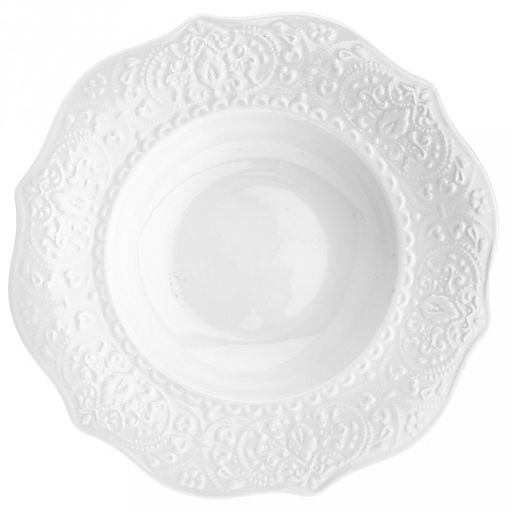 "Русь" Тарелка глубокая фарфоровая д220мм h42мм, 300мл, белый, рельефный декор, волнистый край (Китай)