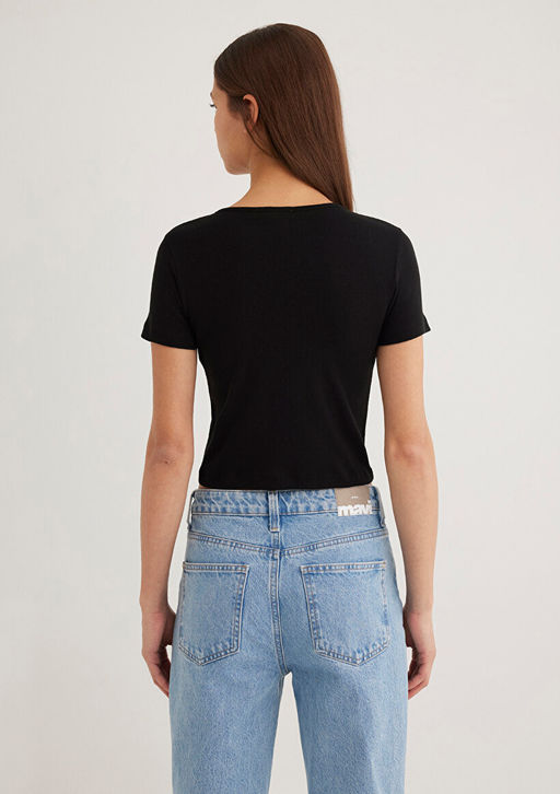 Dugmeli Siyah Basic Tisort - Mavi фото 5