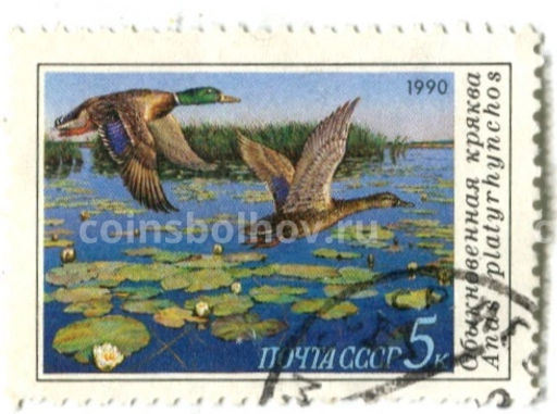 Марка Обыкновенная кряква 1990 год