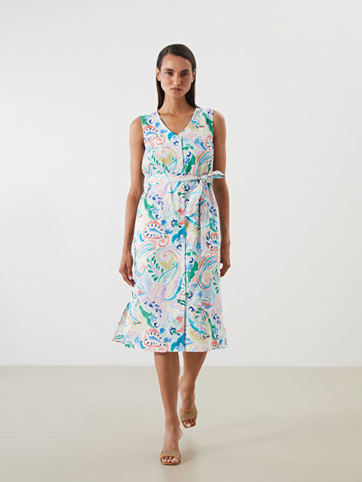 V Yaka Desenli Ku?akl? Elbise