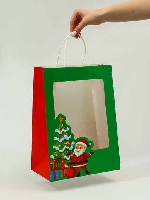 Цена за 12 шт. Пакет подарочный новогодний крафт, с окном Дед Мороз 26?35?16 см - UPAK LAND фото 2