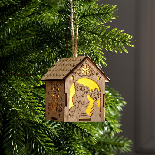 Ёлочная игрушка Домик с Дедом Морозом с мешком, 8х6.5х6 см, от батареек, свечение тёплое белое