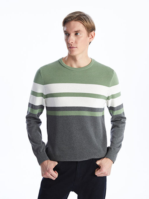 Bisiklet Yaka Uzun Kollu ?izgili Erkek Triko Kazak