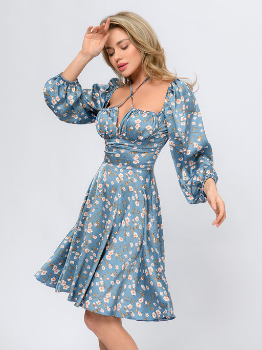 Платье серо-голубого цвета с принтом длины мини со сборкой на лифе - 1001dress фото 2