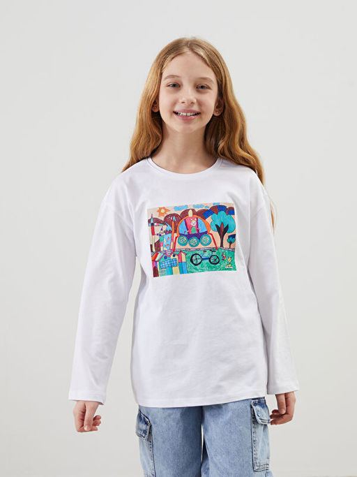 Bisiklet Yaka Bask?l? Unisex ?ocuk Ti??rt