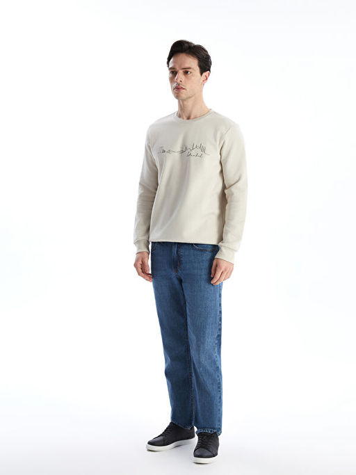 Bisiklet Yaka Bask?l? Erkek Kal?n Sweatshirt