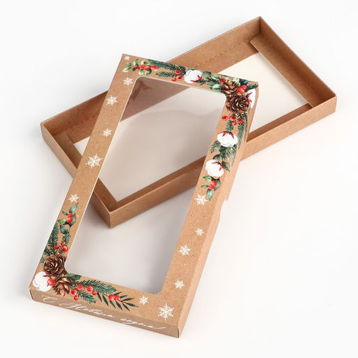 Цена за 5 шт. Коробка для шоколада новогодняя «Еловые веточки», с окном, 9×1.5×18 см