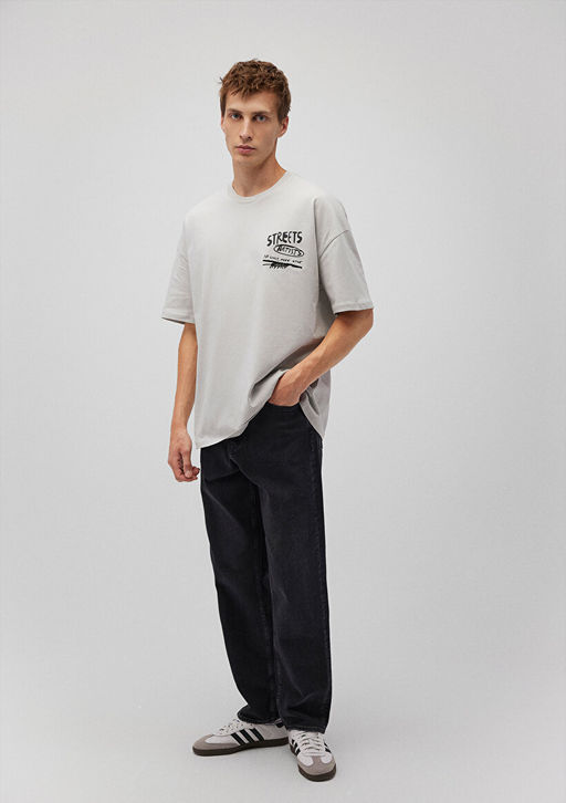 S?rt Bask?l? Gri Tisort - Mavi фото 2