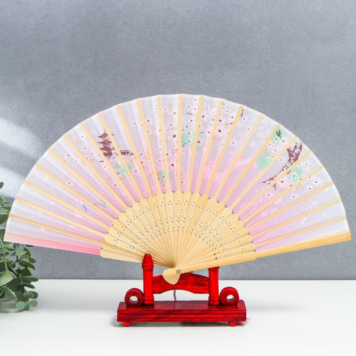 Веер складной h=21 см Зайчики у сакуры, розовый, с кисточкой