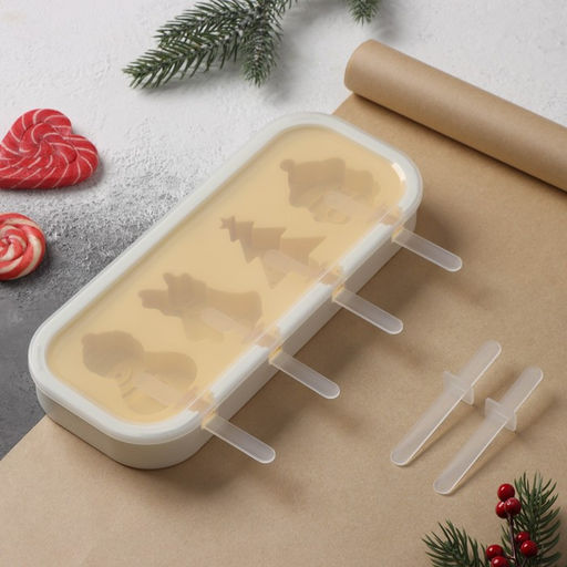 Форма для мороженого с крышкой Доляна Новый год, силикон, 24?10?3 см, 4 ячейки, с палочками, жёлтая