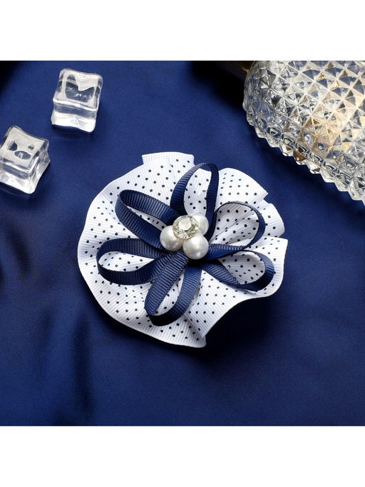 Цена за 6 шт. Бант для волос на резинке «Школьница», мелкий горошек и бусинки, d=7.5 см, бело-синий