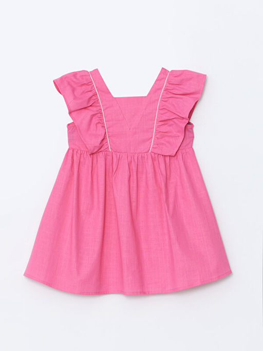 Kare Yaka Keten G?r?n?ml? K?z ?ocuk Elbise