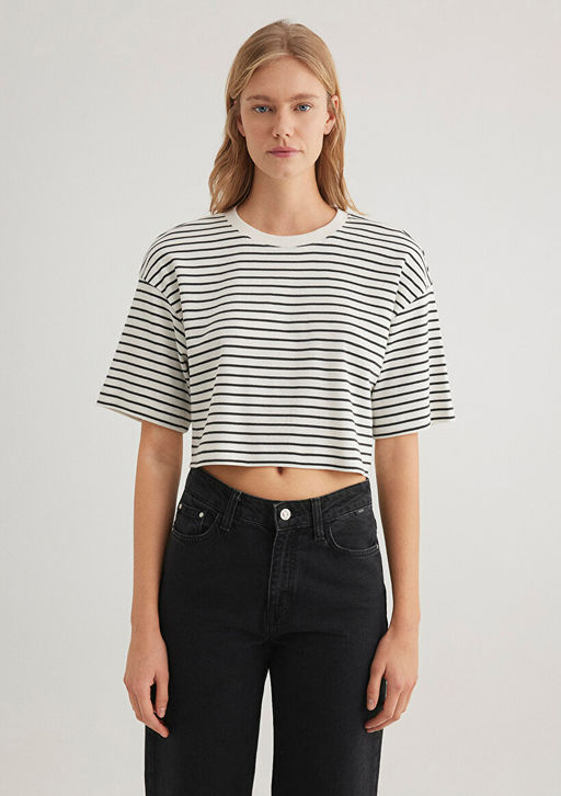 Cizgili Crop Tisort - Mavi фото 3