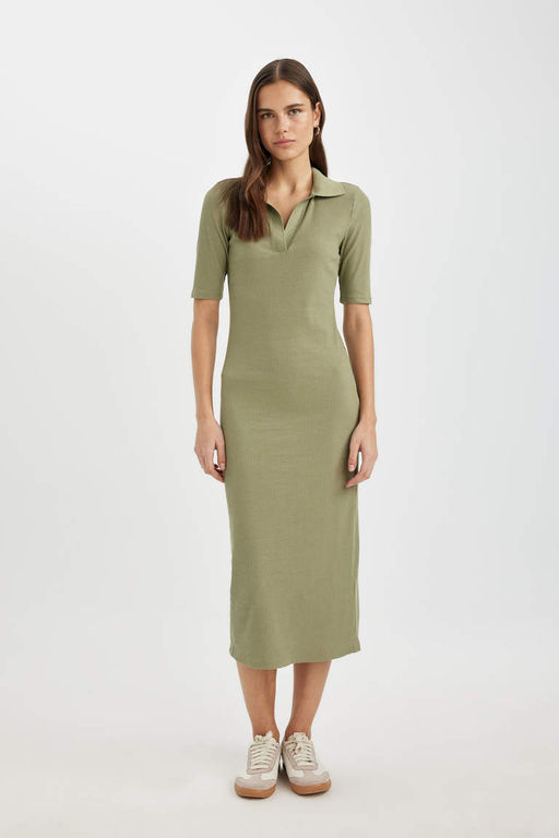 Облегающее платье миди с воротником-поло в рубчик и короткими рукавами - Defacto фото 3