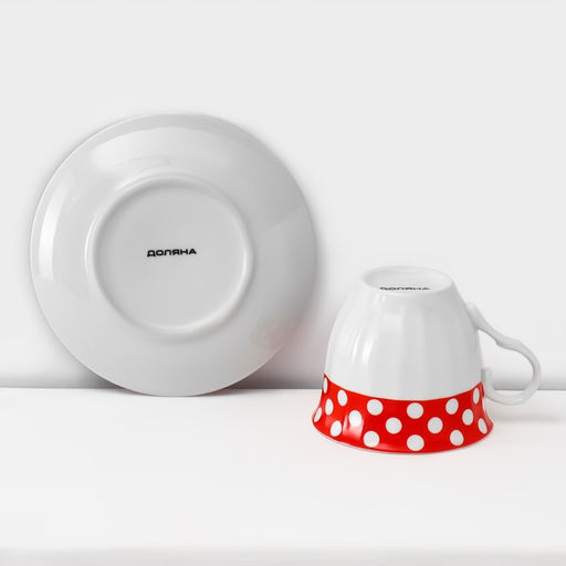 Сервиз чайный керамический на металлической подставке Доляна Горох,13 предметов на подставке: 6 чашек 210 мл, 6 блюдец - d=14 см, чайник 950 мл, цвет красный фото 10