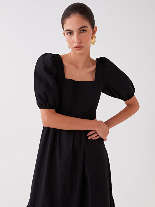 Kare Yaka D?z Balon Kollu Elbise