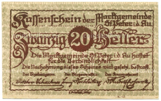 20 геллеров 1920 года Австрия Санкт-Петер-ин-дер-Ау (нотгельд)