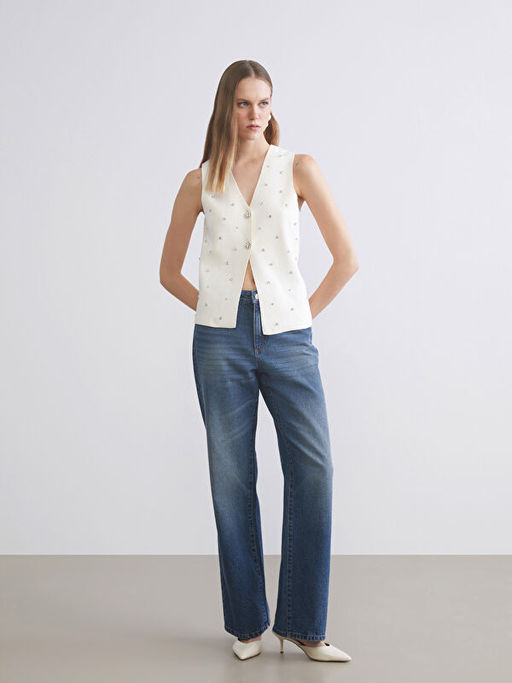 V Yaka Ta?l? Kad?n Triko Yelek