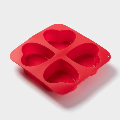 Форма для выпечки Доляна «Сердца», силикон, 16×16 см, 4 ячейки (7×7×3 см), цвет красный