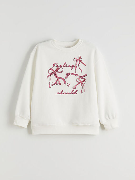 Fiyonk Bask?l? K?z ?ocuk Kal?n Sweatshirt