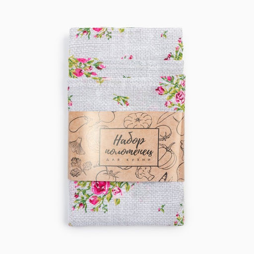 Набор кухонных полотенец Доляна Roses on linen 35×60 см - 3 шт., 100% хлопок, рогожка 164 г/м²
