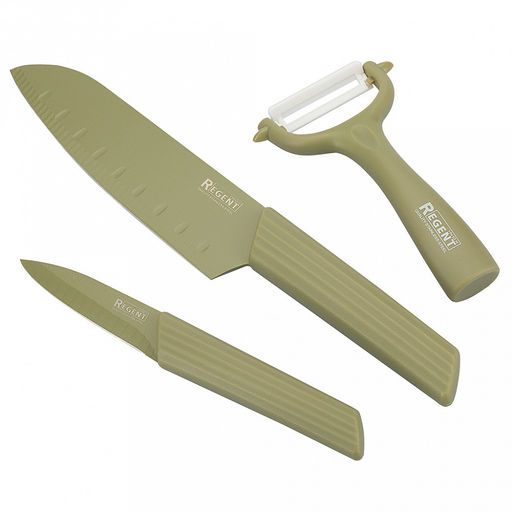Набор ножей "Linea Oliva" 4 предмета, ножи из нержавеющей стали с двухсторонней заточкой, ножницы и овощечистка с керамическим лезвием, ручки с покрытием soft-touch, пластиковая доска 32,5х21,5см, оливковый, в блистере, "Regent" (Китай)