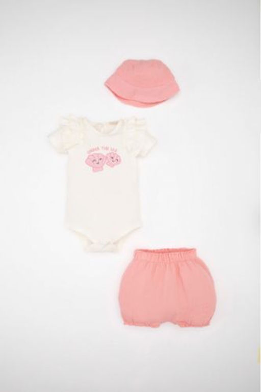 K?z Bebek 3lu Tak?m Bask?l? Muslin Kumas K?sa Kollu C?tc?tl? Body Sort Sapka