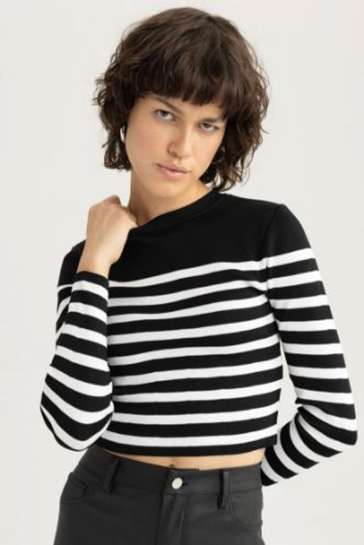 Slim Fit Cizgili Bisiklet Yaka Triko Kazak