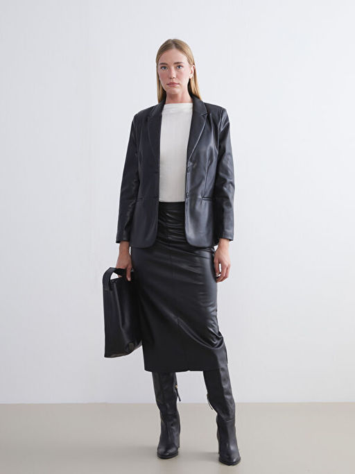Kad?n Deri G?r?n?ml? Blazer Ceket