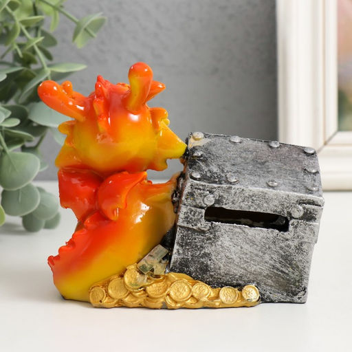 Копилка для денег «Огненный дракоша с подарком/сундуком», полистоун, 10.5×6×10 см, МИКС