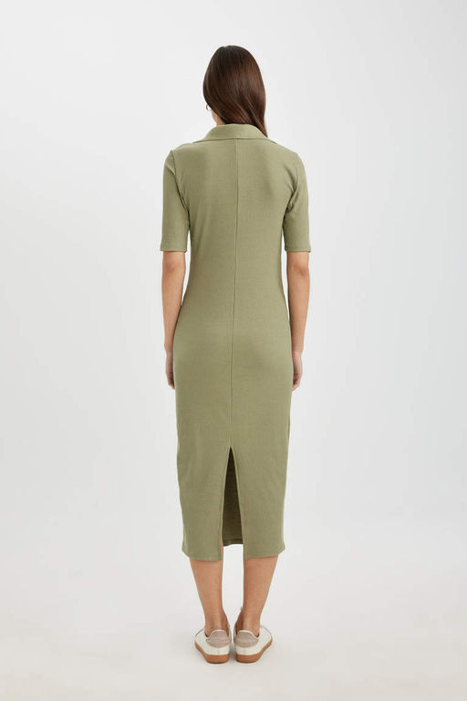 Облегающее платье миди с воротником-поло в рубчик и короткими рукавами - Defacto фото 8