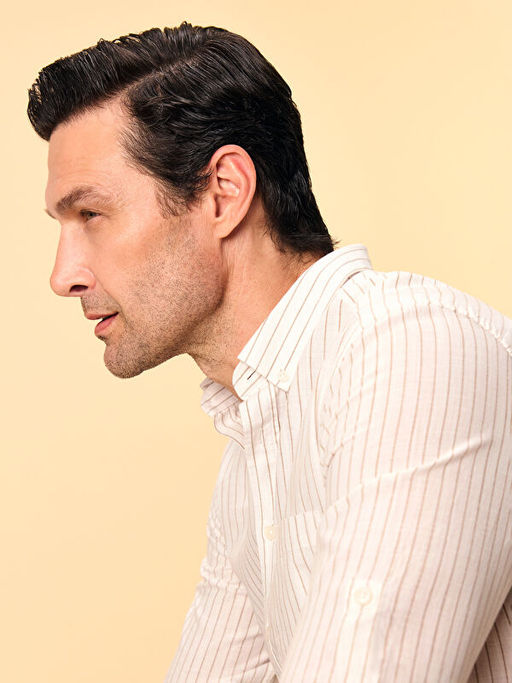 Regular Fit Uzun Kollu ?izgili Keten Kar???ml? Erkek G?mlek