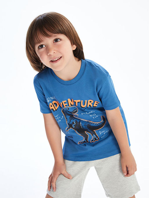 Bisiklet Yaka Dinozor Bask?l? Erkek ?ocuk Ti??rt ve ?ort 2li
