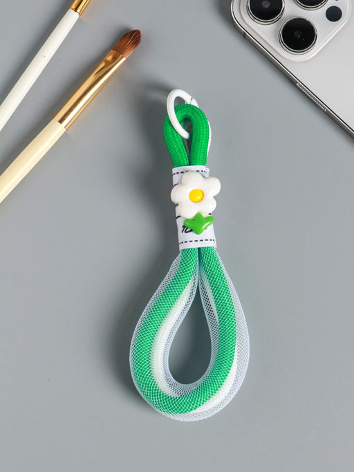 Цена за 2 шт. Брелок на карабине "Цветок. Шнур-сетка" двойной шнур 0,7 см бело-зелёный 14,5х2х1,7 см