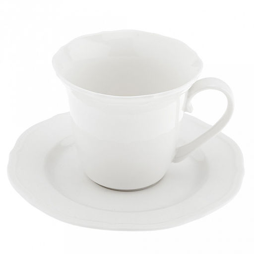 "Совершенство" Чашка фарфоровая 200мл, д8,9см h7,9см, с блюдцем д14,8см h1,5см, глянцевая глазурь, белый, рельефный декор, волнистый край (Китай)