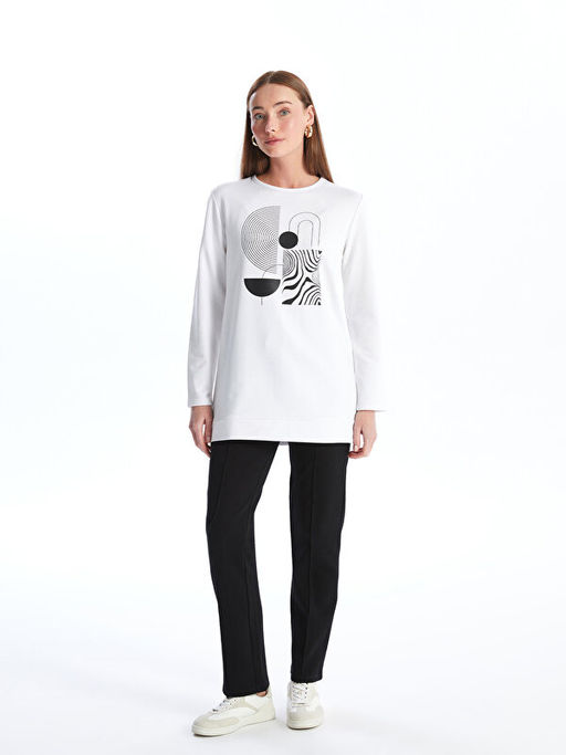 Bisiklet Yaka Bask?l? Kad?n Sweatshirt Tunik