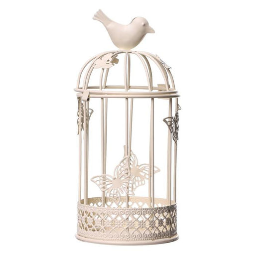 Металлический подсвечник-фонарь 1 свеча «Птица и клетка с бабочками», белый, 21.5×10×10 см