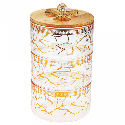 Блюдо-этажерка (конфетница, набор для холодца) стеклянное3-х секционное, 1 секция - 500мл д10,9см h6,3см, прозрачное стекло с деколью, одна бамбуковая крышка, ручка-кнопка "кристалл" с металлическим декором, металлическая подставка с ручкой, на ножка