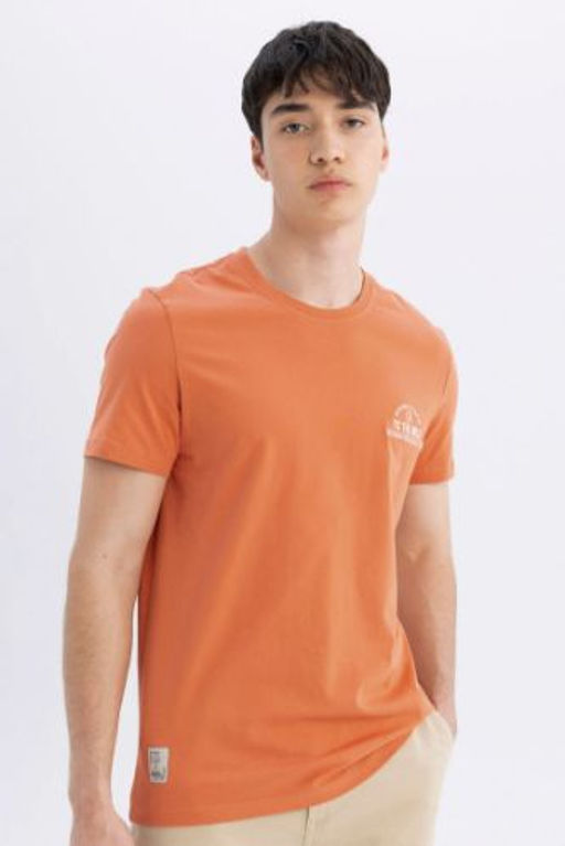 Slim Fit Dar Kesim Bisiklet Yaka Bask?l? K?sa Kollu Tisort