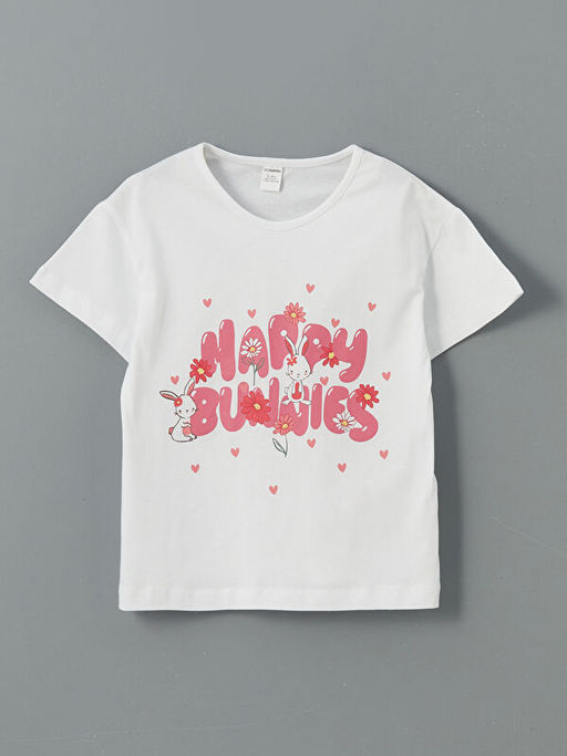 Bisiklet Yaka Bask?l? K?z ?ocuk Ti??rt