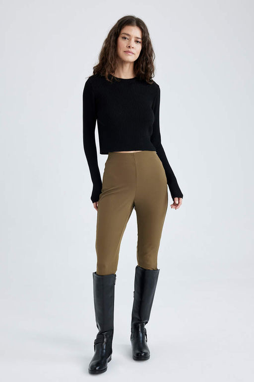 Короткие длинные брюки скинни на молнии с высокой талией - Defacto фото 3