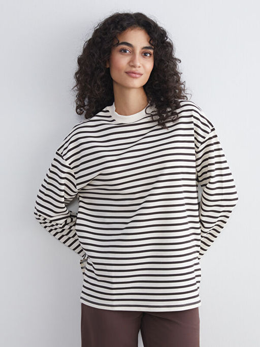 Bisiklet Yaka ?izgili Kad?n Sweatshirt Tunik