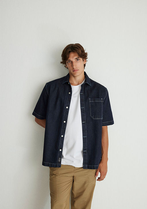 K?sa Kollu Denim Gomlek - Mavi фото 2