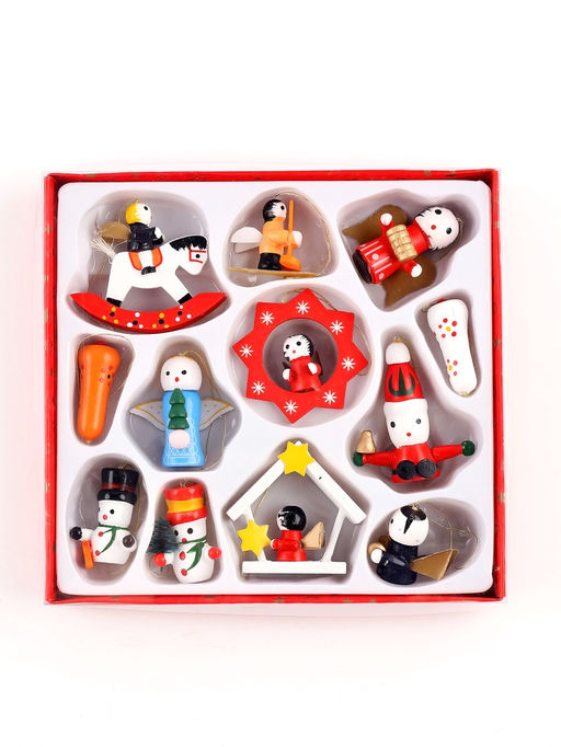 Ёлочные игрушки в подарочной коробке, деревянные, набор 12 шт.
