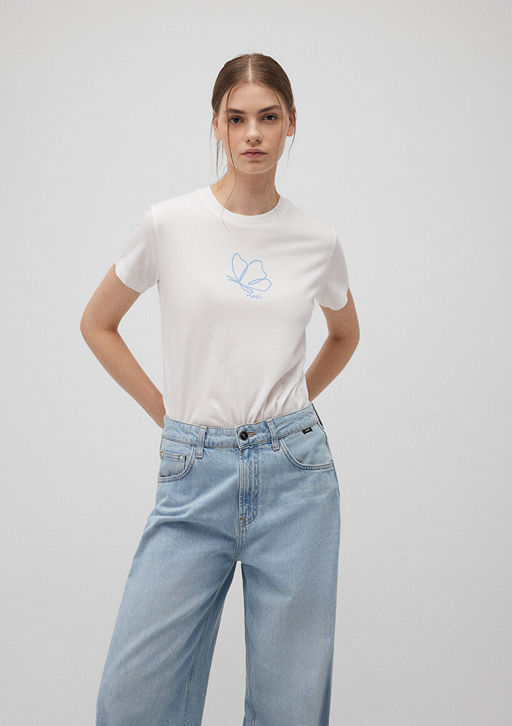 Bask?l? Beyaz Tisort - Mavi фото 2