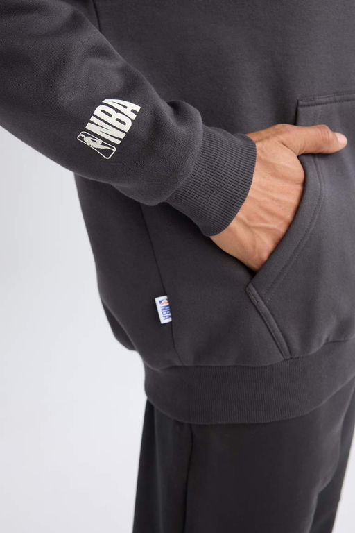 Мужской антрацитовый толстый свитшот DeFactoFit NBA Golden State Warriors свободного покроя с капюшоном и принтом  фото 6