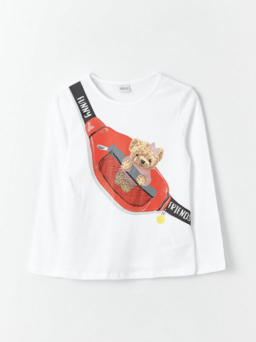 Bisiklet Yaka Bask?l? Uzun Kollu K?z ?ocuk Ti??rt